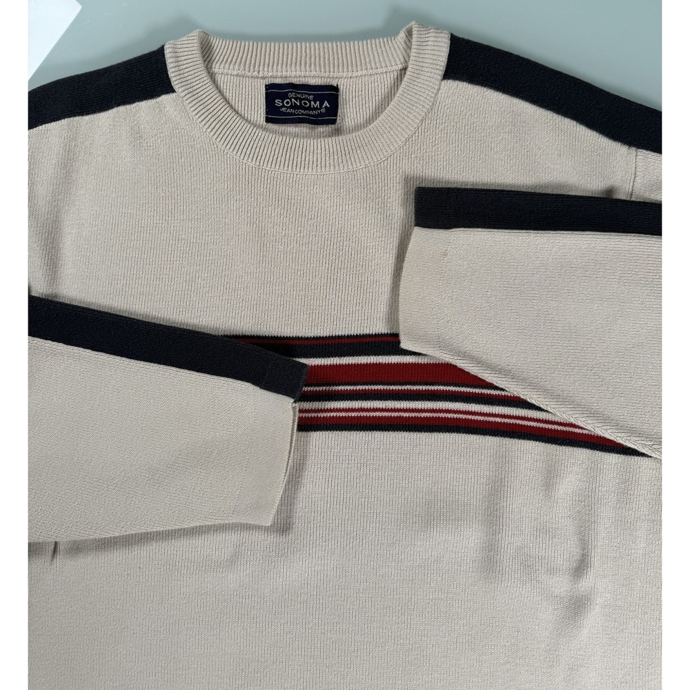 VTG 90s Sonoma Knit Sweater Mens L  beige w/ Sleeve Stripe Preppy